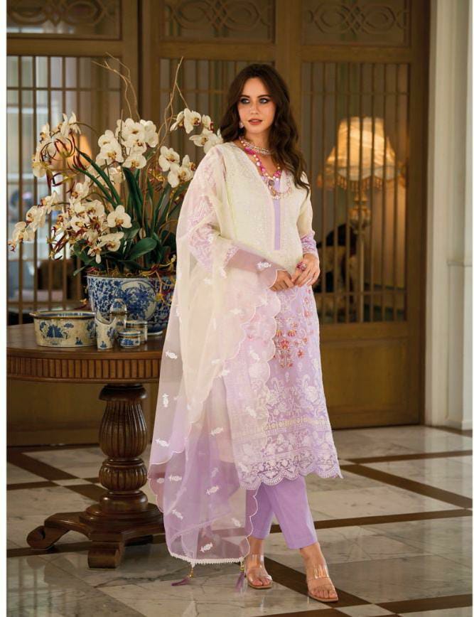 Ombray Classic Thread Embroidered Lavender Straight Suit Set