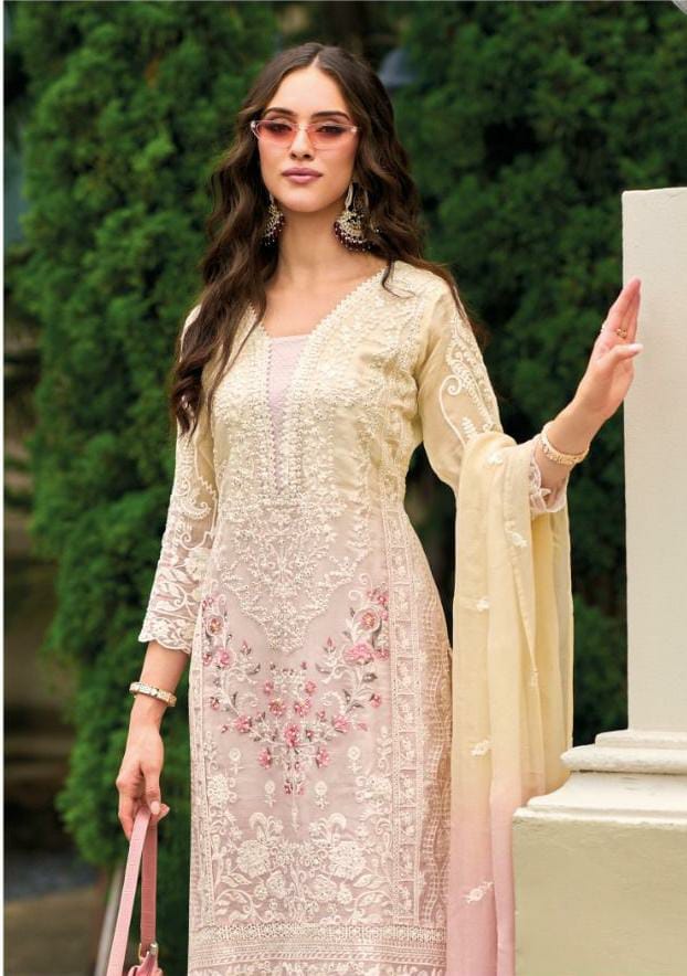 Ombray Classic Thread Embroidered Pink Straight Suit Set