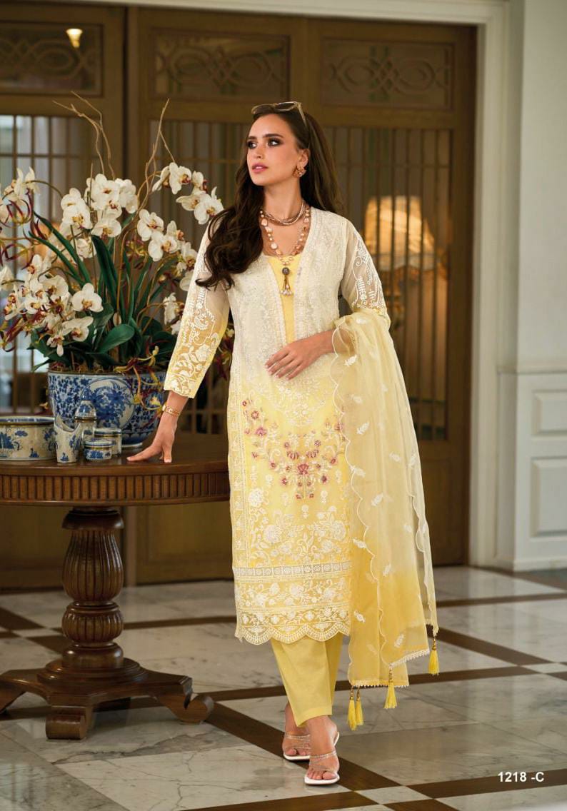 Ombray Classic Thread Embroidered Yellow Straight Suit Set