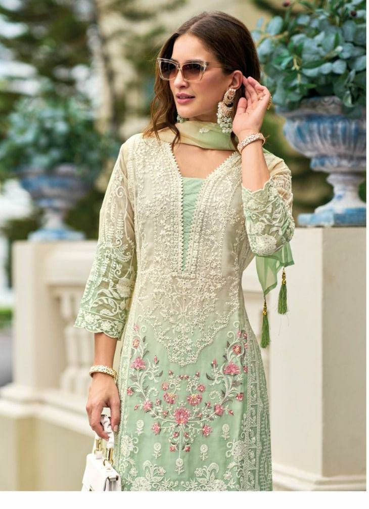 Ombray Classic Thread Embroidered Green Straight Suit Set