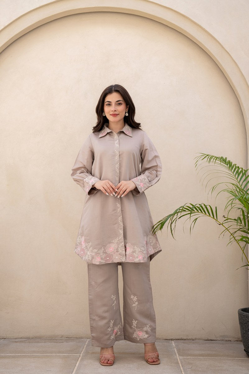 Neeti Solid thread Embroidered Neutral Co-Ord Set