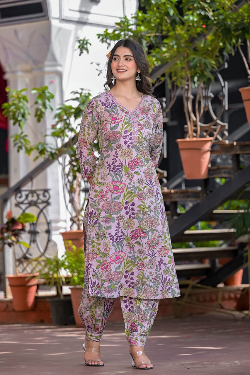 Lahori Floral Printed Afghani Suit Set