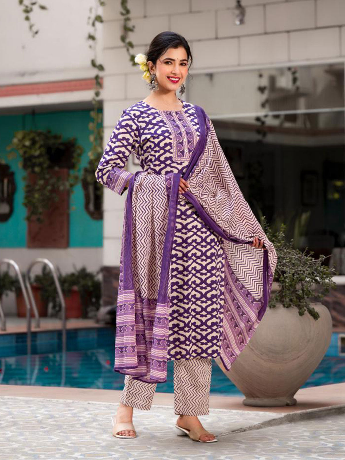 Kiara Digital Printed Purple Straight Suit Set