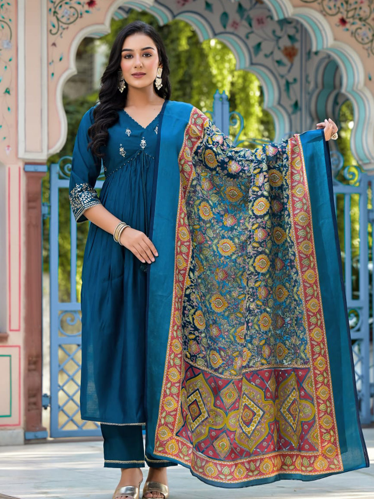 Kiara Teal Blue Alia Pattern Suit Set