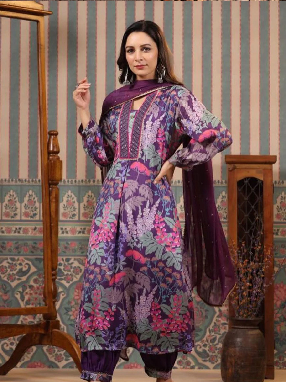 Radha Purple Floral Printed Afghani Suit Set