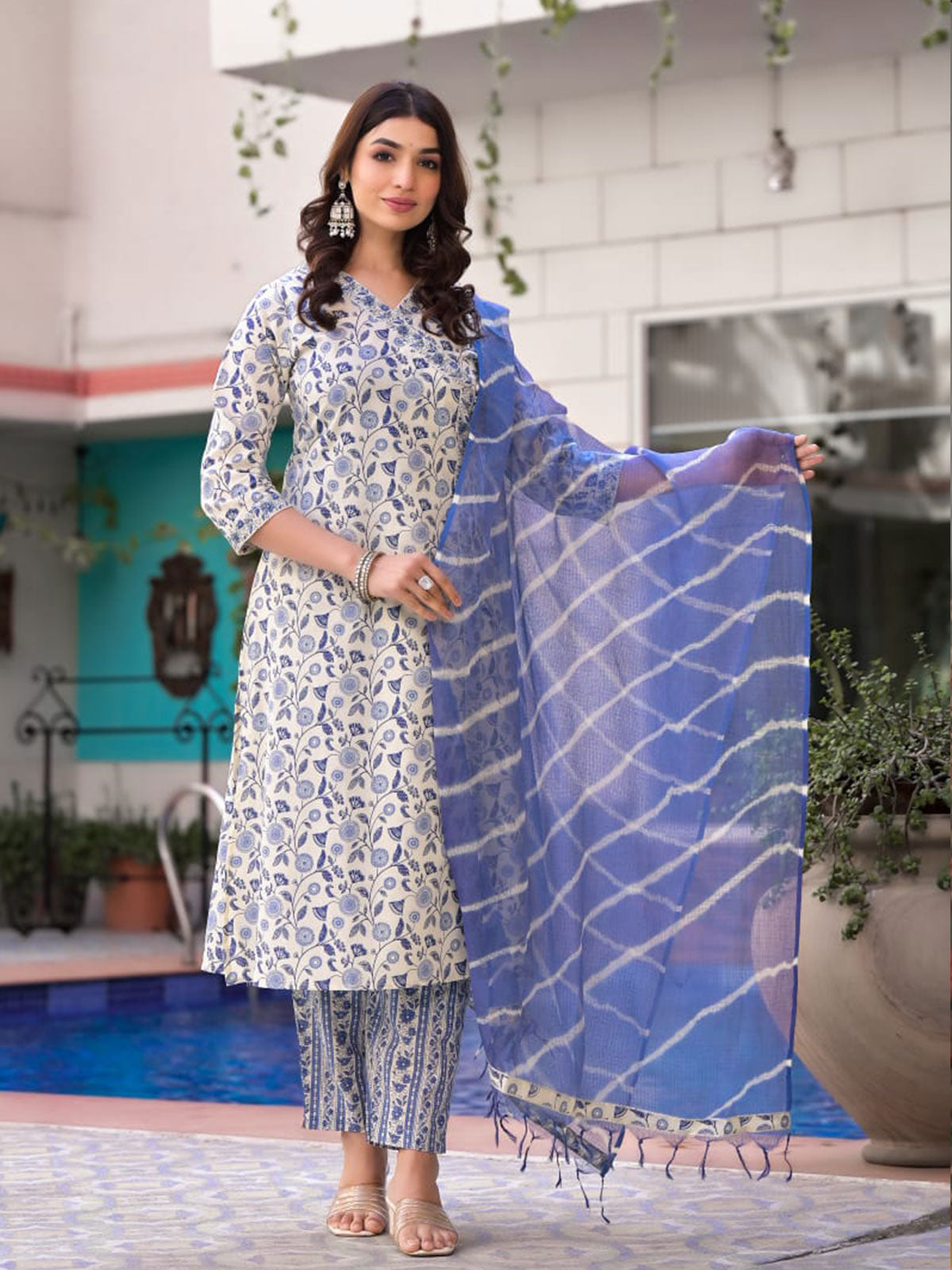 Maisha Block Printed Angrakha Style blue and white Straight Suit Set