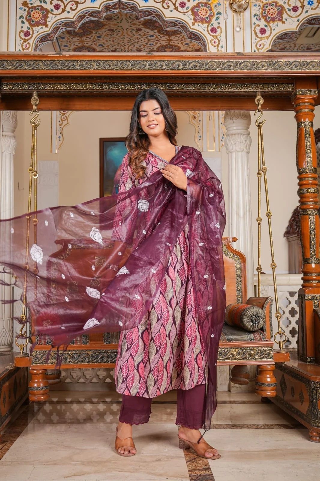 Arzoie Leaf Printed Wine Alia Suit Set