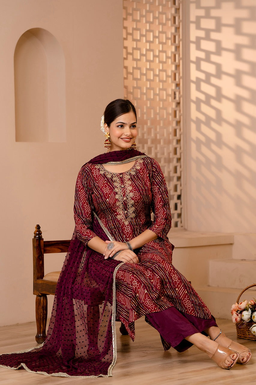 Vihaa Bandhani Printed Wine Straight Suit Set.