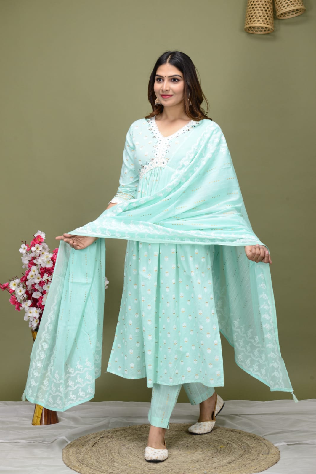 Radha Sea Green Block Print Aliya Suit Set