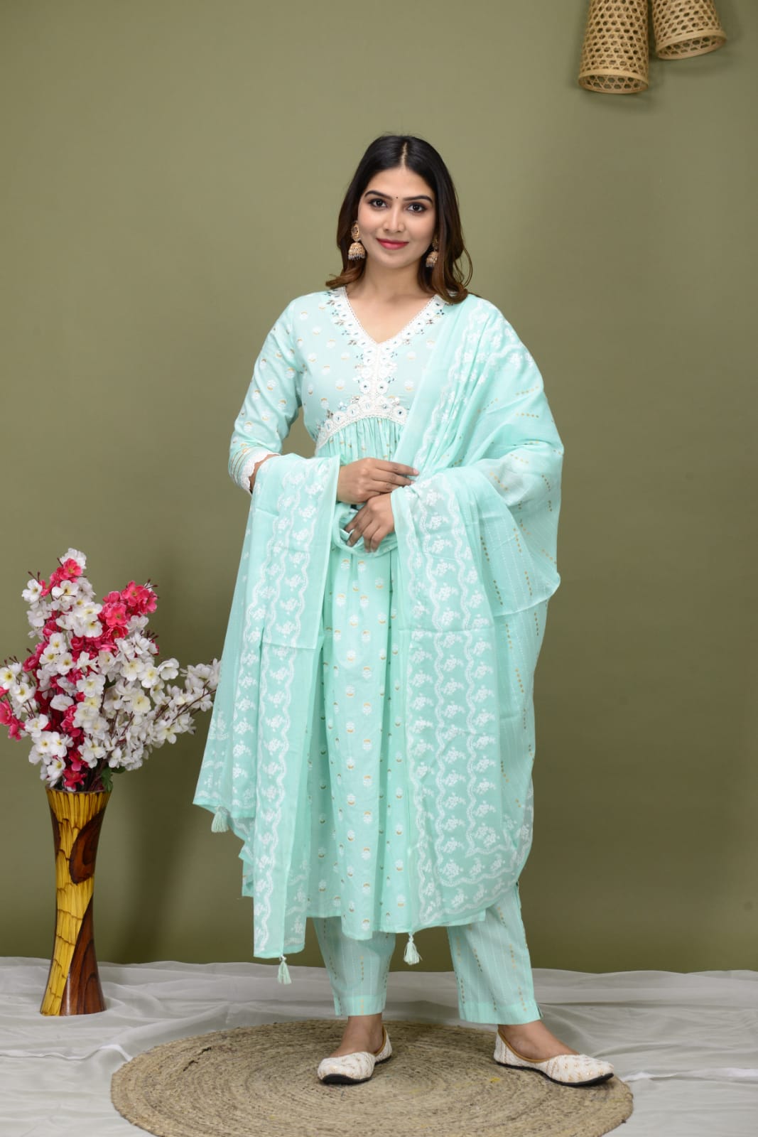 Radha Sea Green Block Print Aliya Suit Set