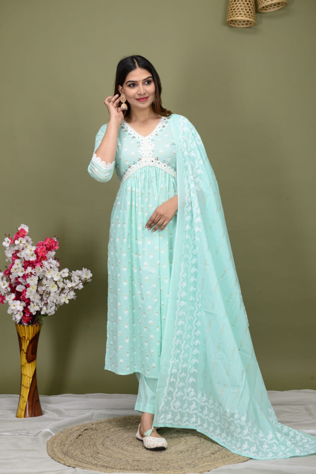 Radha Sea Green Block Print Aliya Suit Set