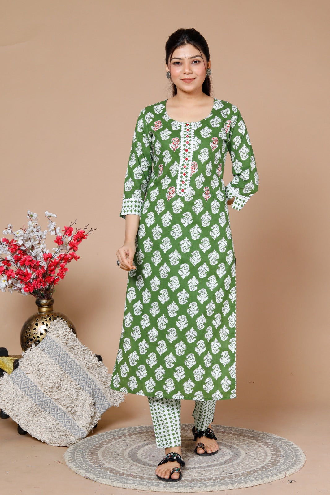 Vihaa Block Print Green Suit Set