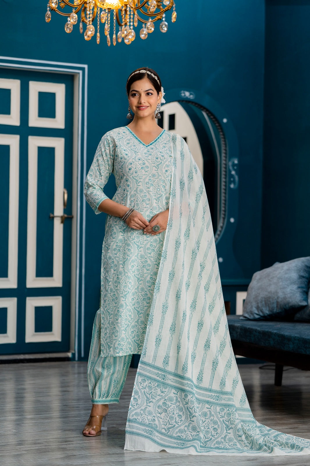 Buy WISHFUL by W Green Printed Kurta with Afghani Salwar (Set of 2) online