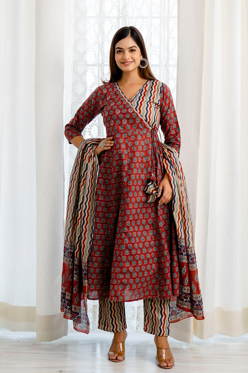 Akira Block Printed Maroon Angrakha Suit Set