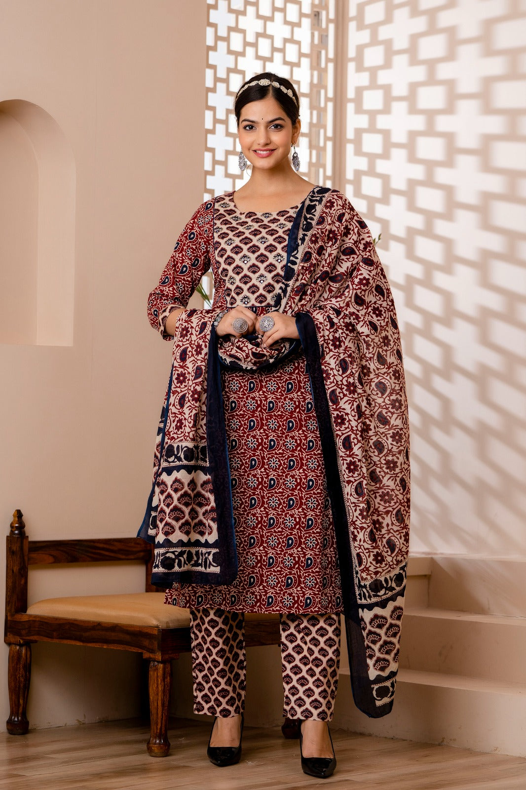 Kiara Block Printed Maroon Suit Set