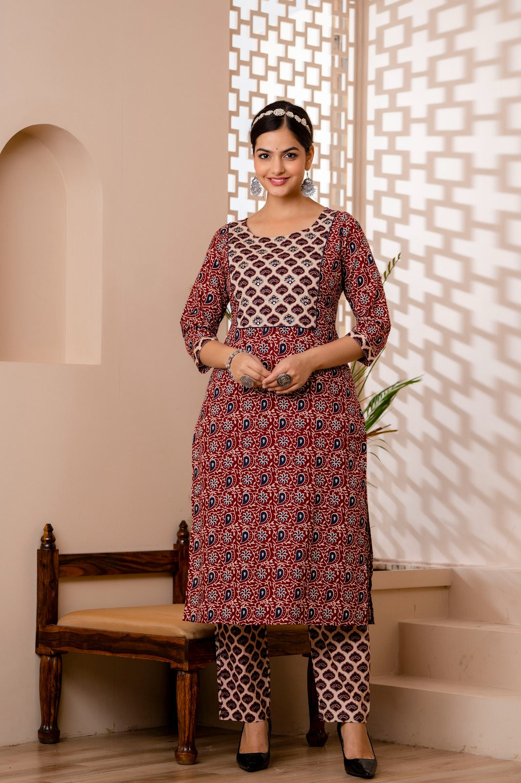 Kiara Block Printed Maroon Suit Set