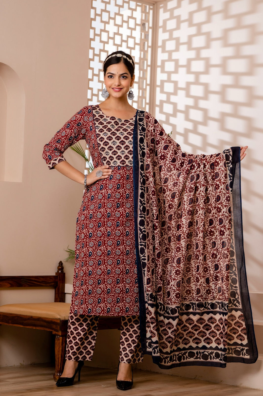 Kiara Block Printed Maroon Suit Set