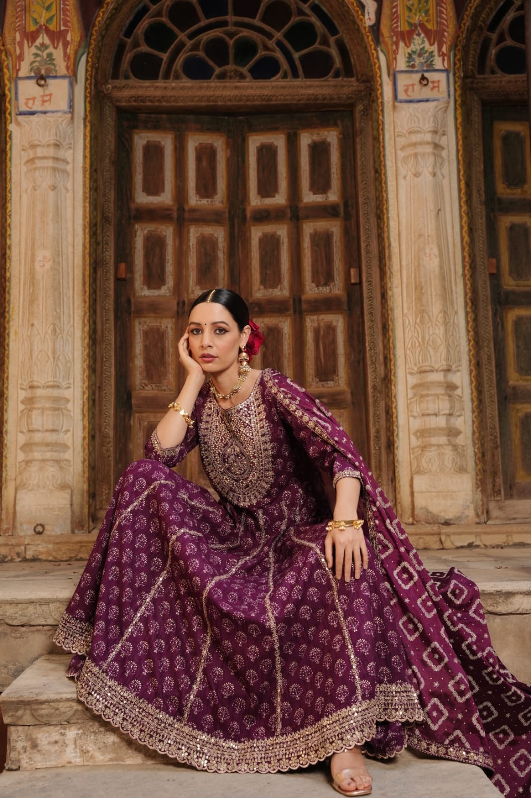 Classic Block Printed Purple Anarkali Suit Set