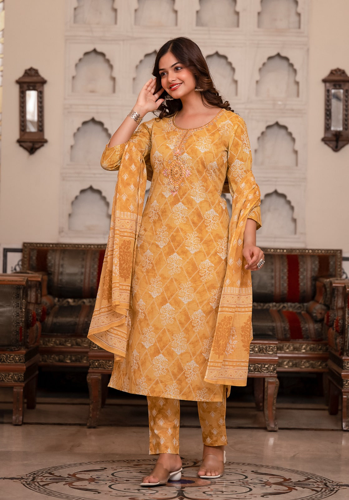 Vihaa Block Printed Mustard Suit Set