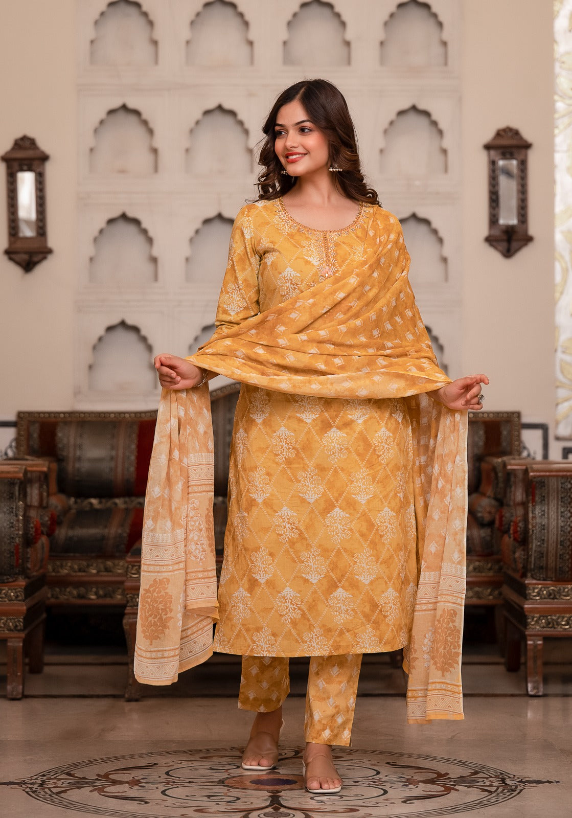 Vihaa Block Printed Mustard Suit Set