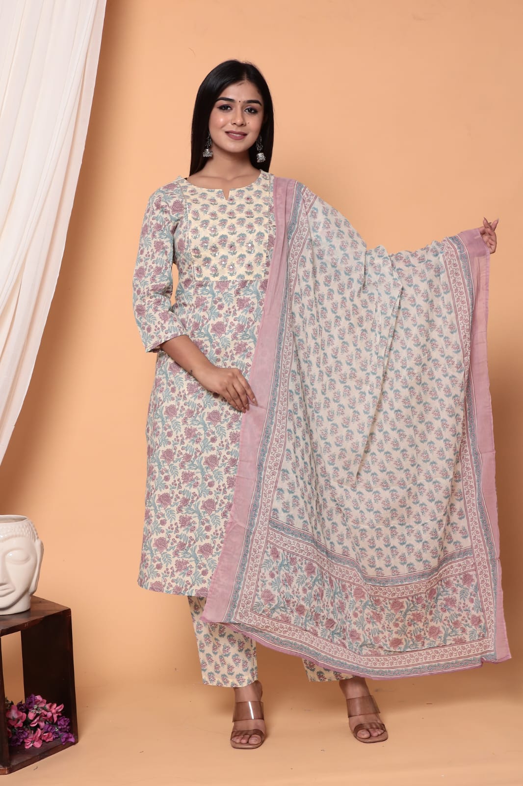 Vihaa Block Printed Lavender Straight Suit Set