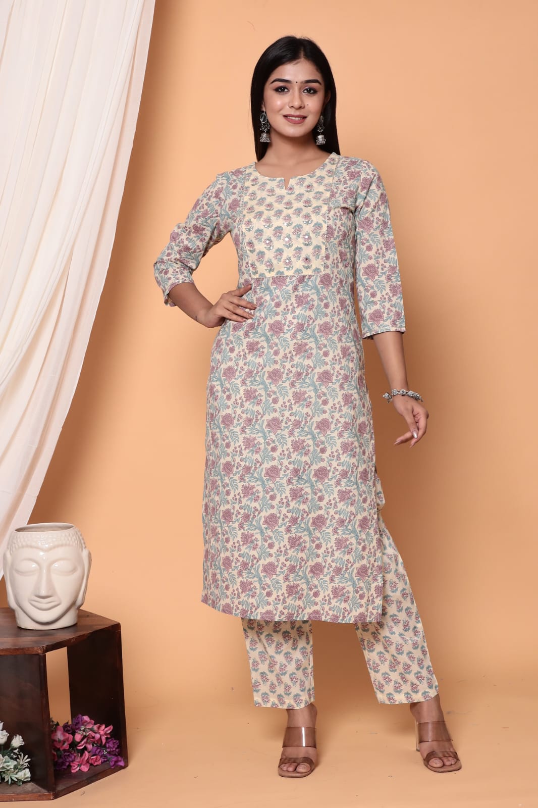 Vihaa Block Printed Lavender Straight Suit Set