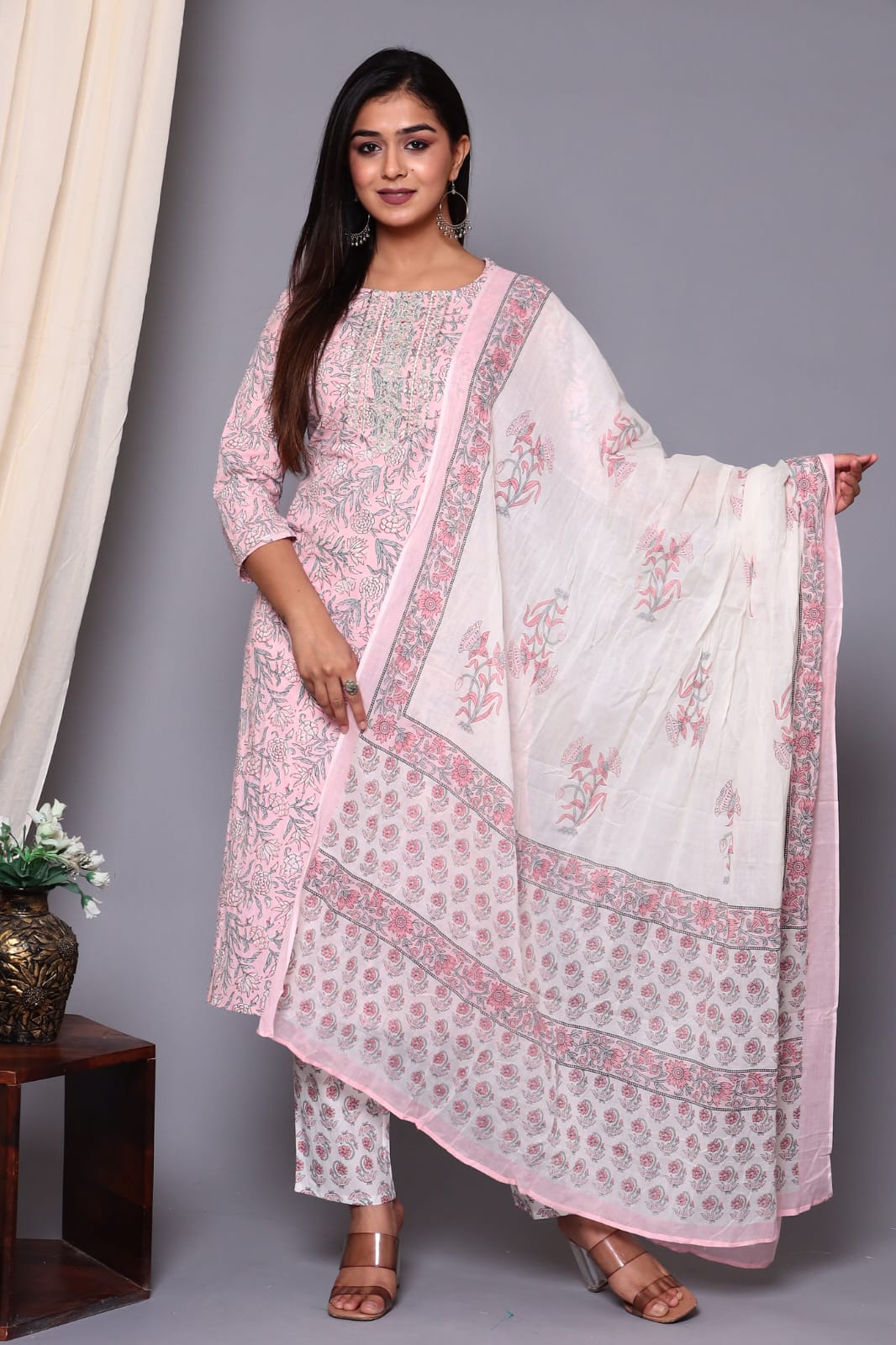 Vihaa Block Printed Floral Pink Straight Suit Set