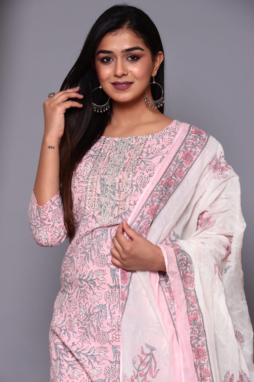 Vihaa Block Printed Floral Pink Straight Suit Set