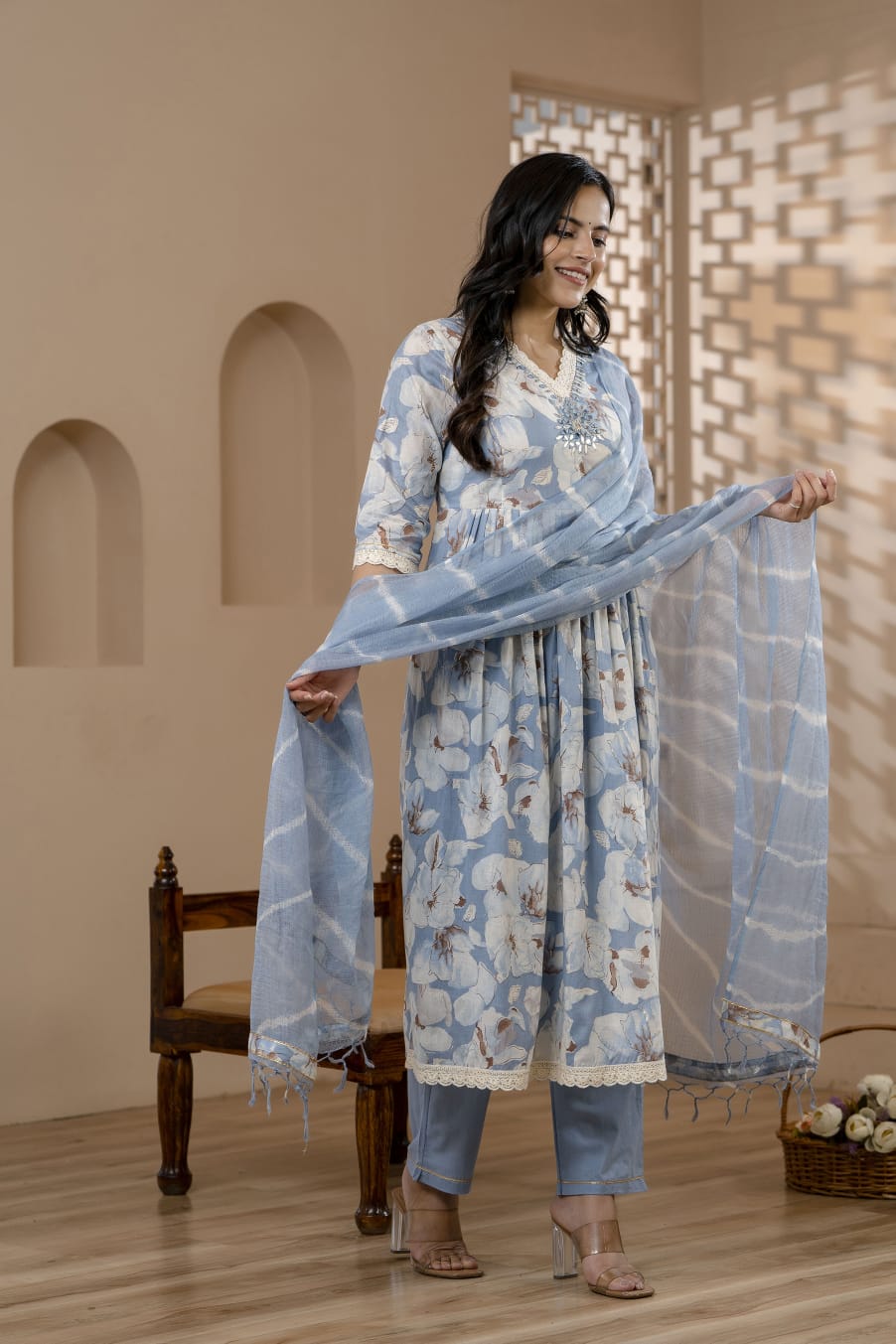 Radha Ice Blue Floral Printed Nyra Pattern Suit Set