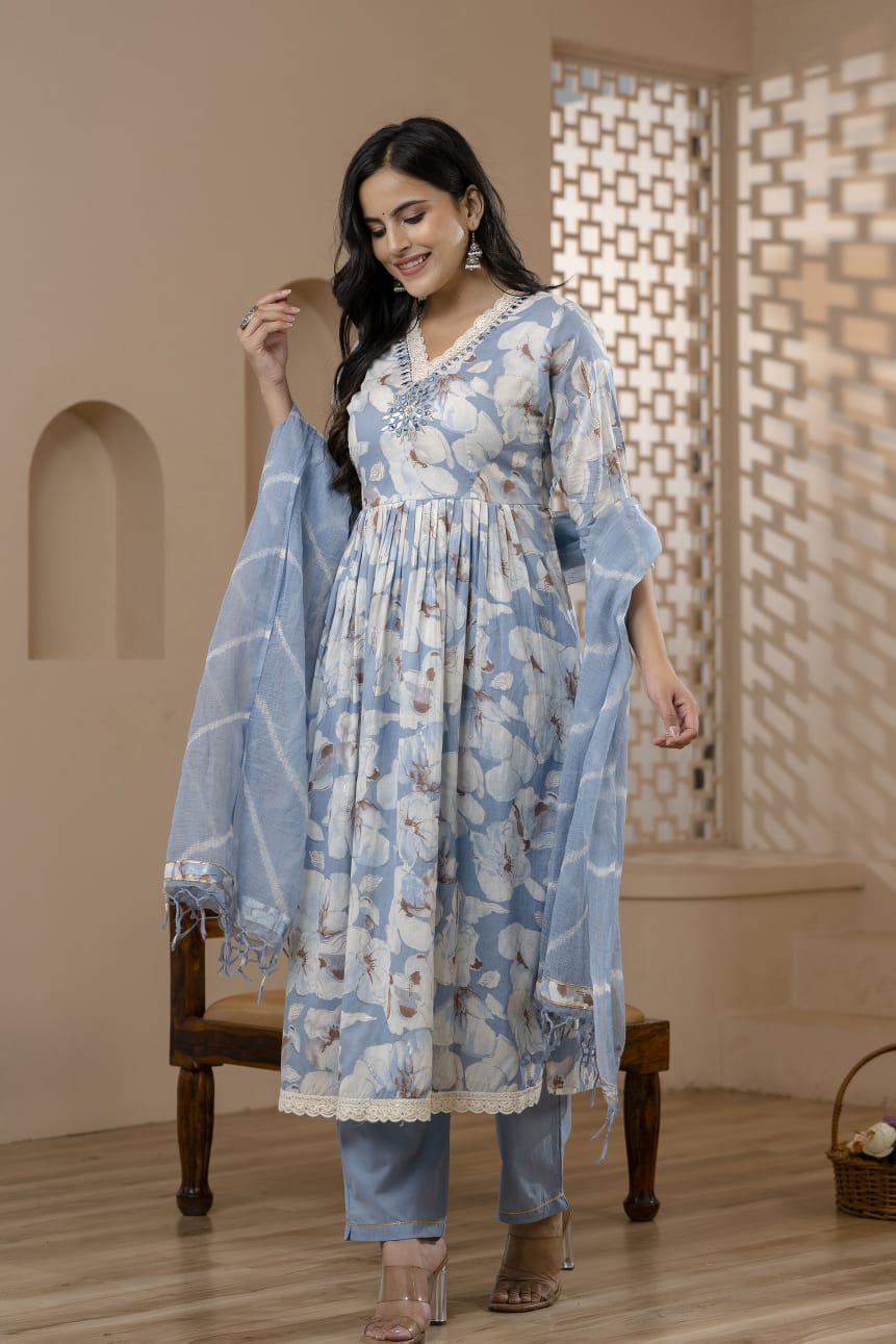 Radha Ice Blue Floral Printed Nyra Pattern Suit Set