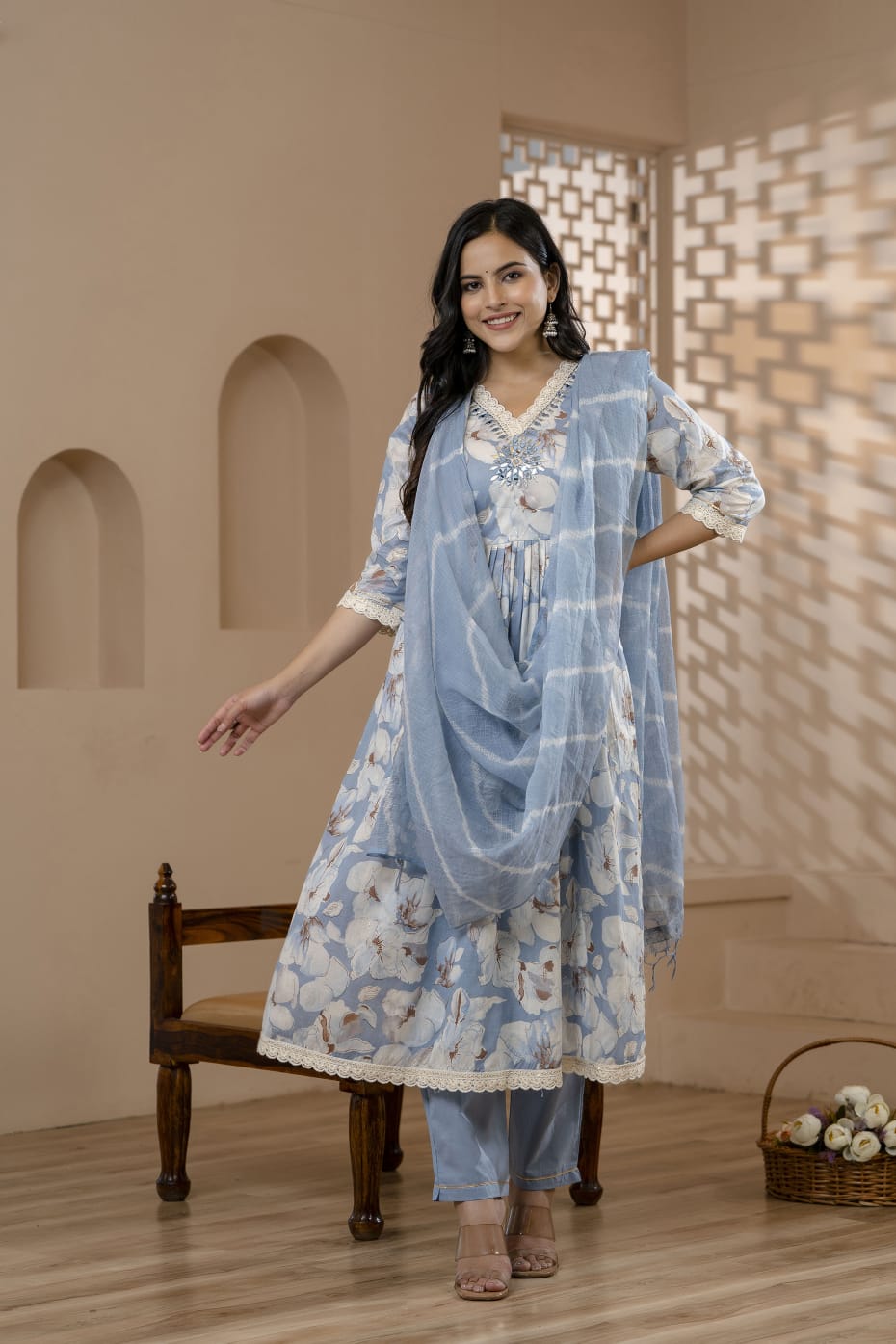 Radha Ice Blue Floral Printed Nyra Pattern Suit Set