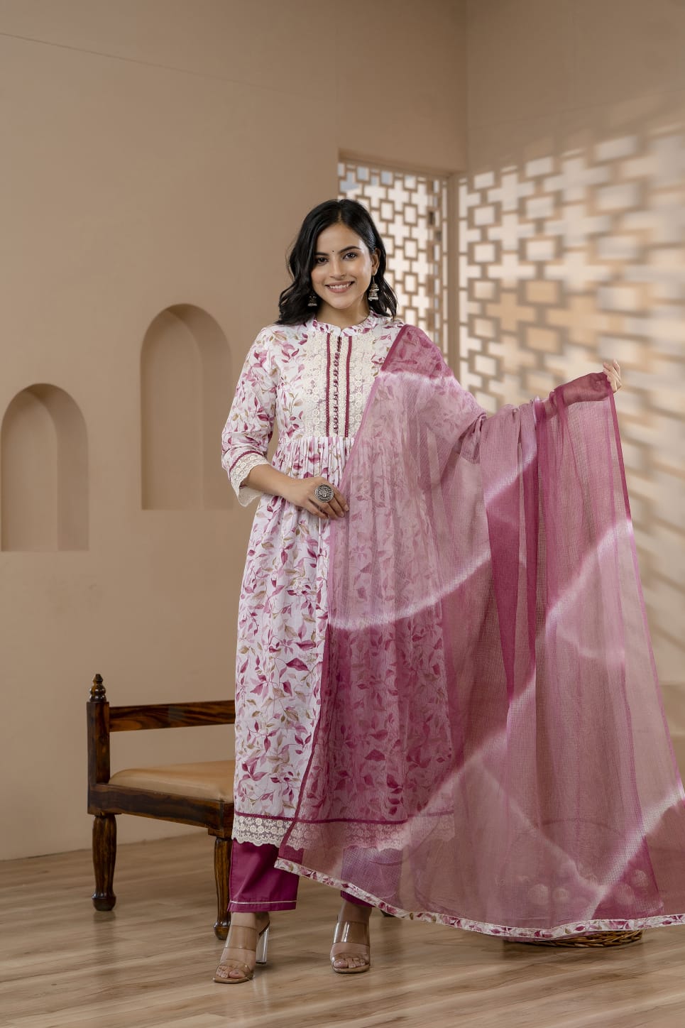 Radha Mauve Leaf Printed Nyra Pattern Suit Set