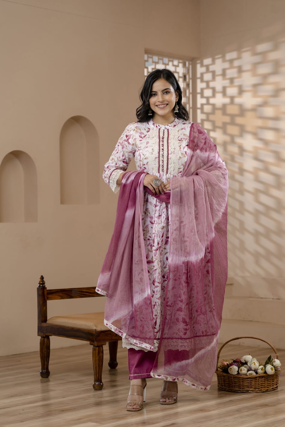 Radha Mauve Leaf Printed Nyra Pattern Suit Set