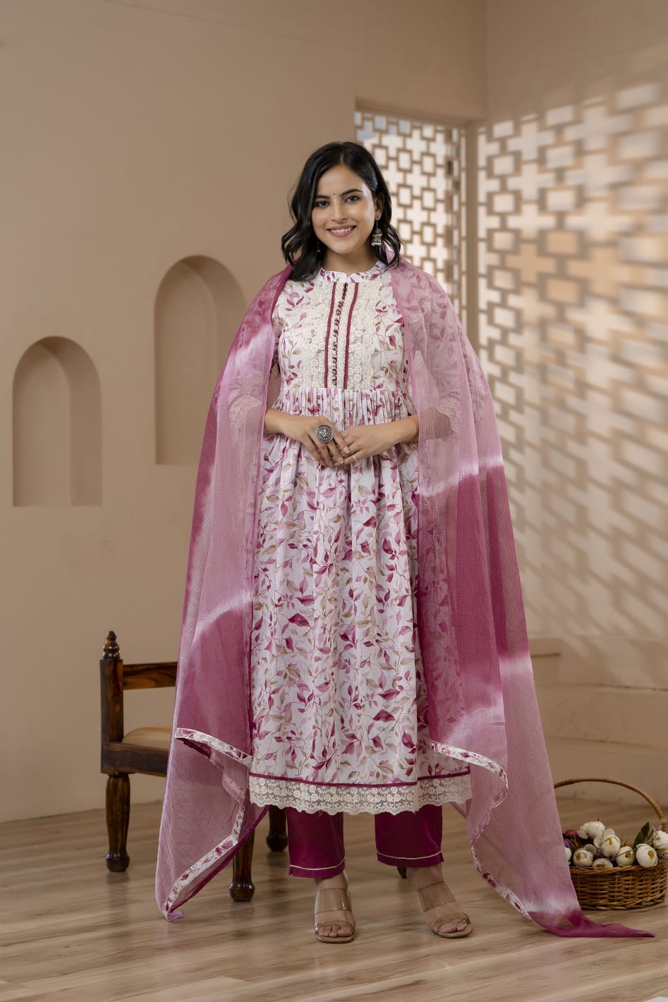 Radha Mauve Leaf Printed Nyra Pattern Suit Set