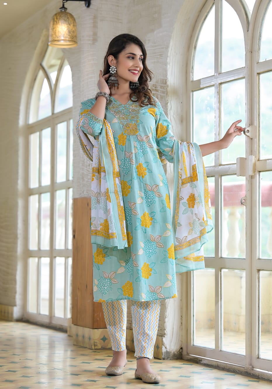 Radha Floral Printed V Neck Blue Straight Suit Set