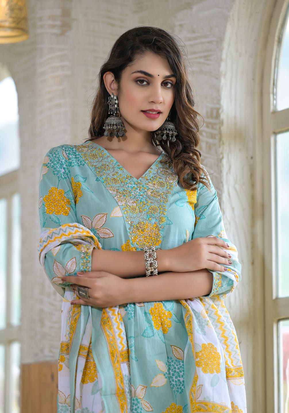 Radha Floral Printed V Neck Blue Straight Suit Set