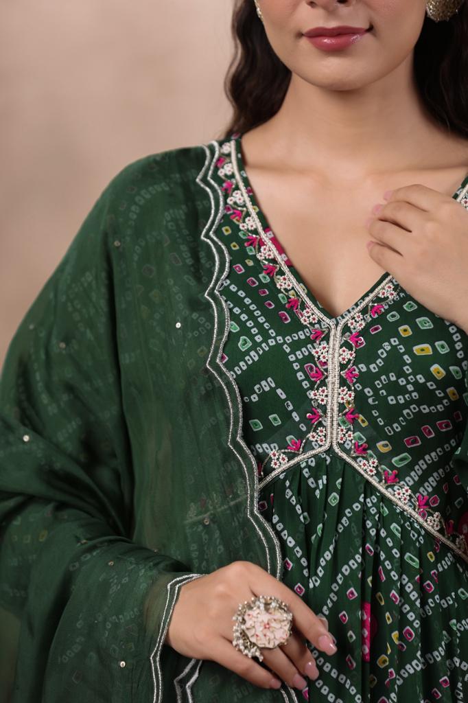 Navya Bandhani Green Alia Pattern Plazo Set