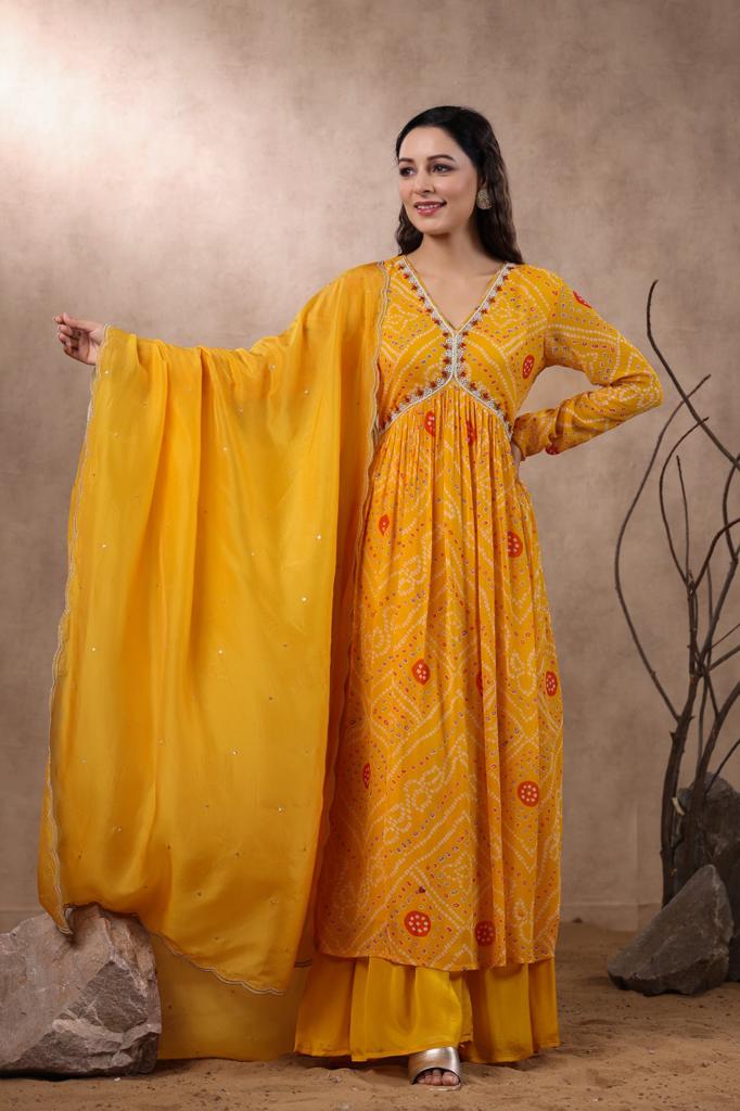 Navya Bandhani Yellow Alia Pattern Plazo Set