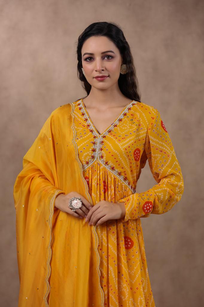 Navya Bandhani Yellow Alia Pattern Plazo Set