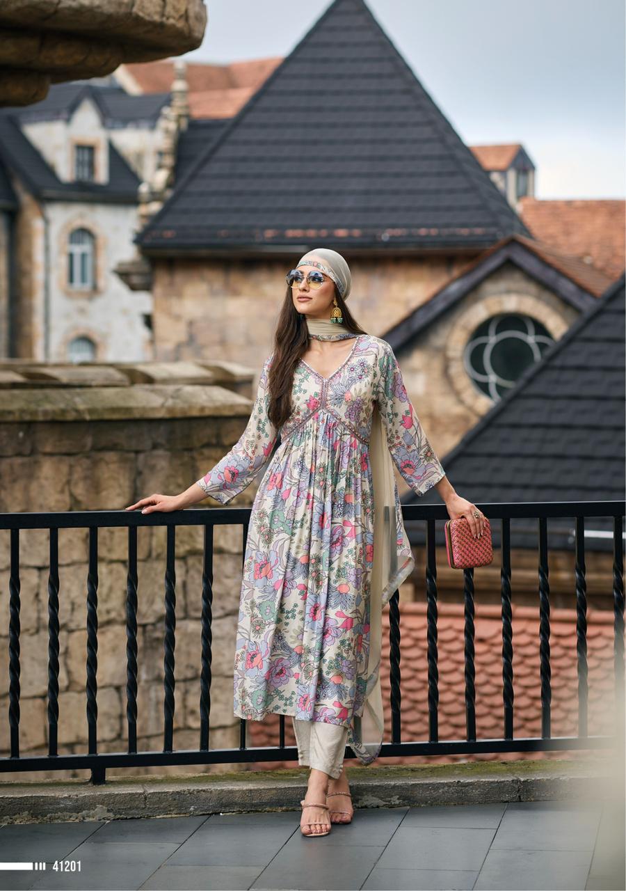 Navya Ivory Floral Printed Nyra Pattern Suit Set