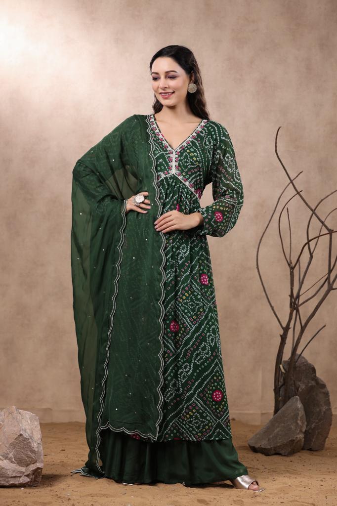 Navya Bandhani Green Alia Pattern Plazo Set