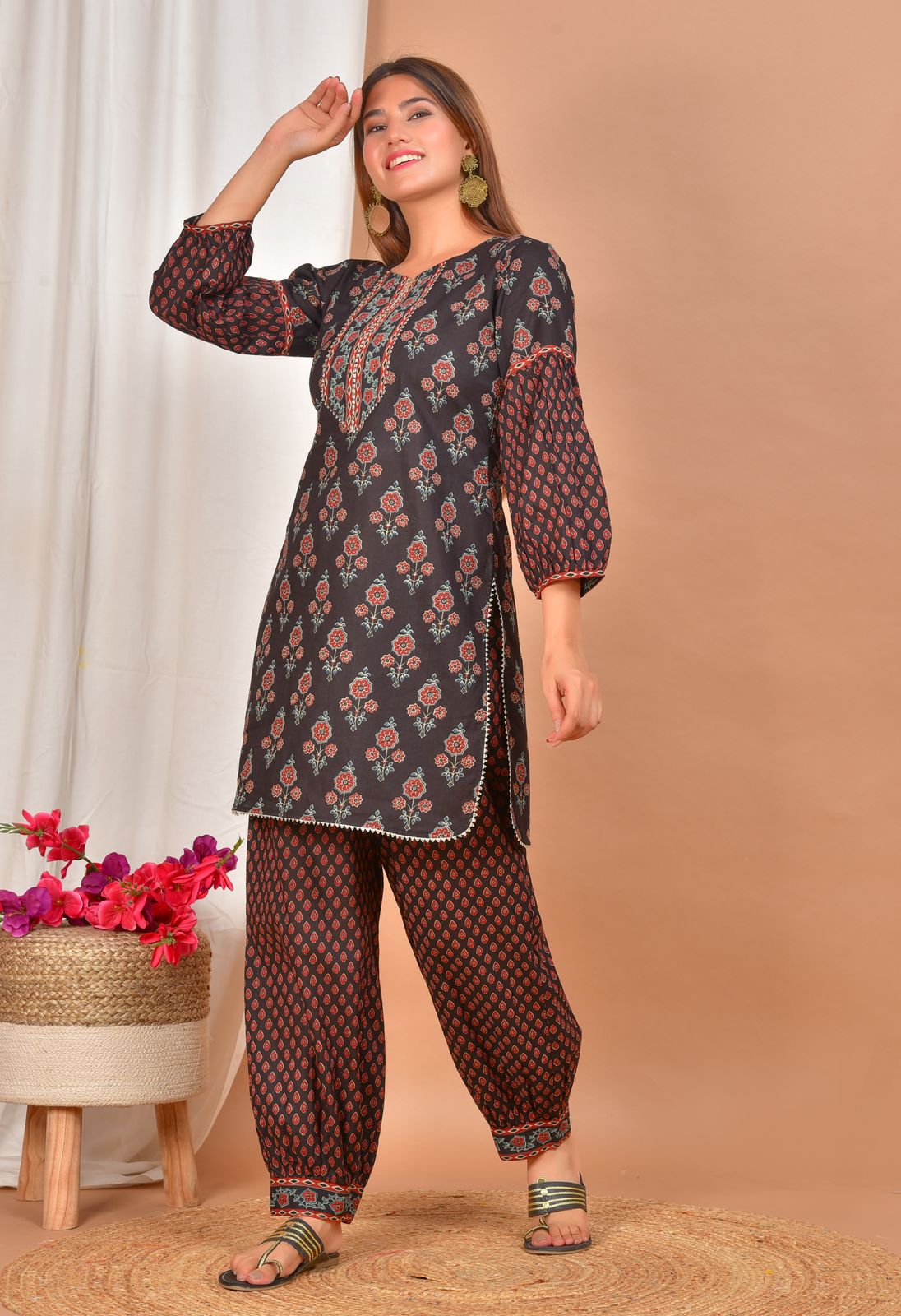 Lahori Black Block Printed Afghani Co-Ord Set