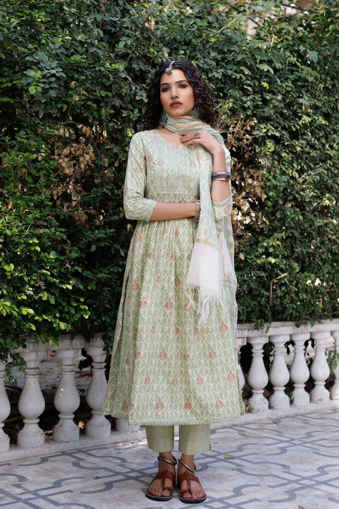 Radha Block Printed Green Nyra Pattern Suit Set