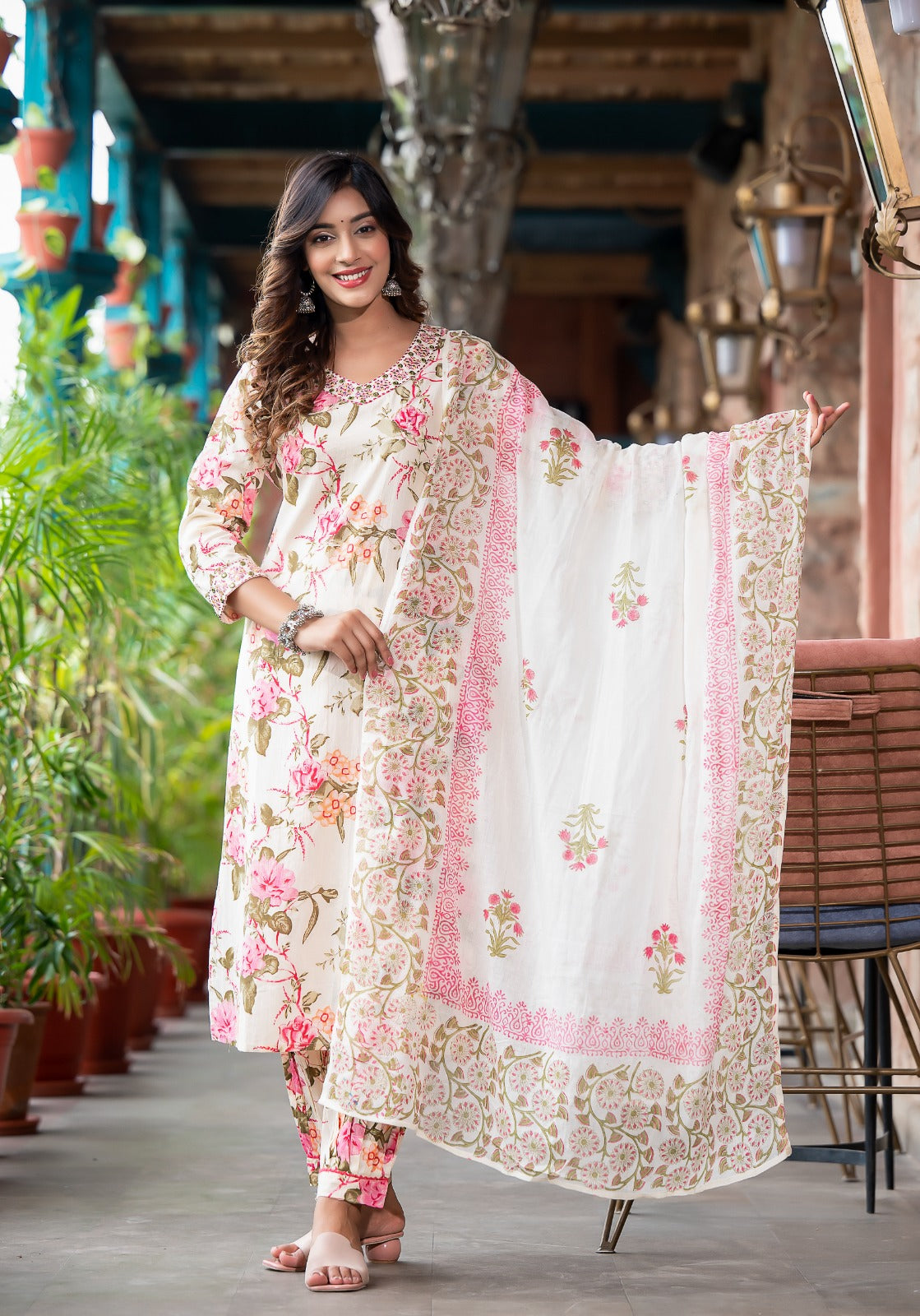 Vihaa Off white Floral Print Afghani Suit Set