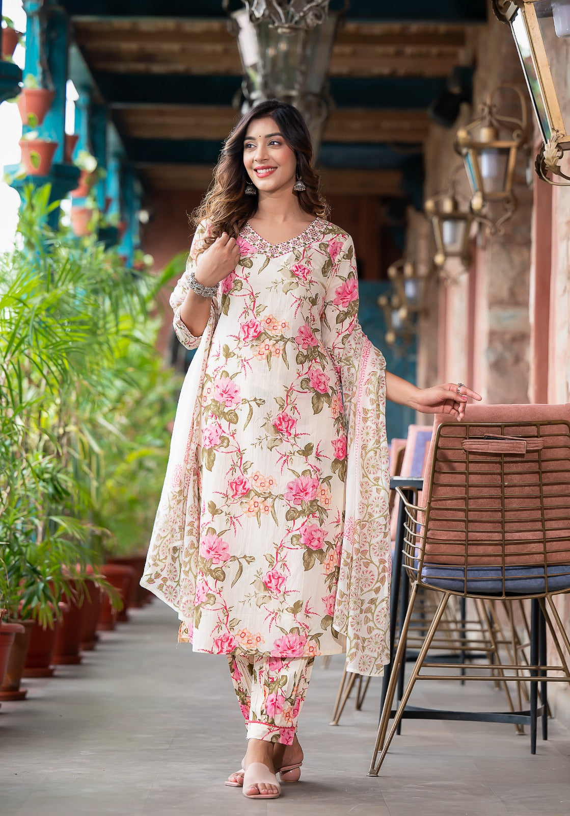 Vihaa Off white Floral Print Afghani Suit Set