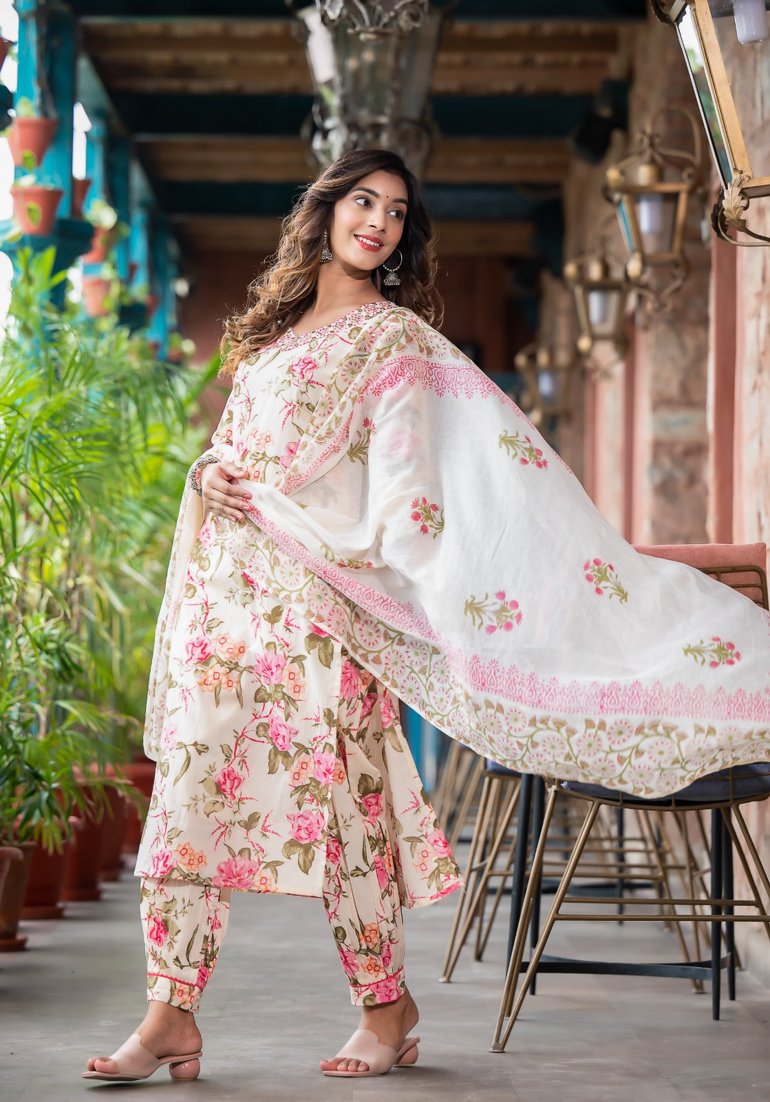 Vihaa Off white Floral Print Afghani Suit Set