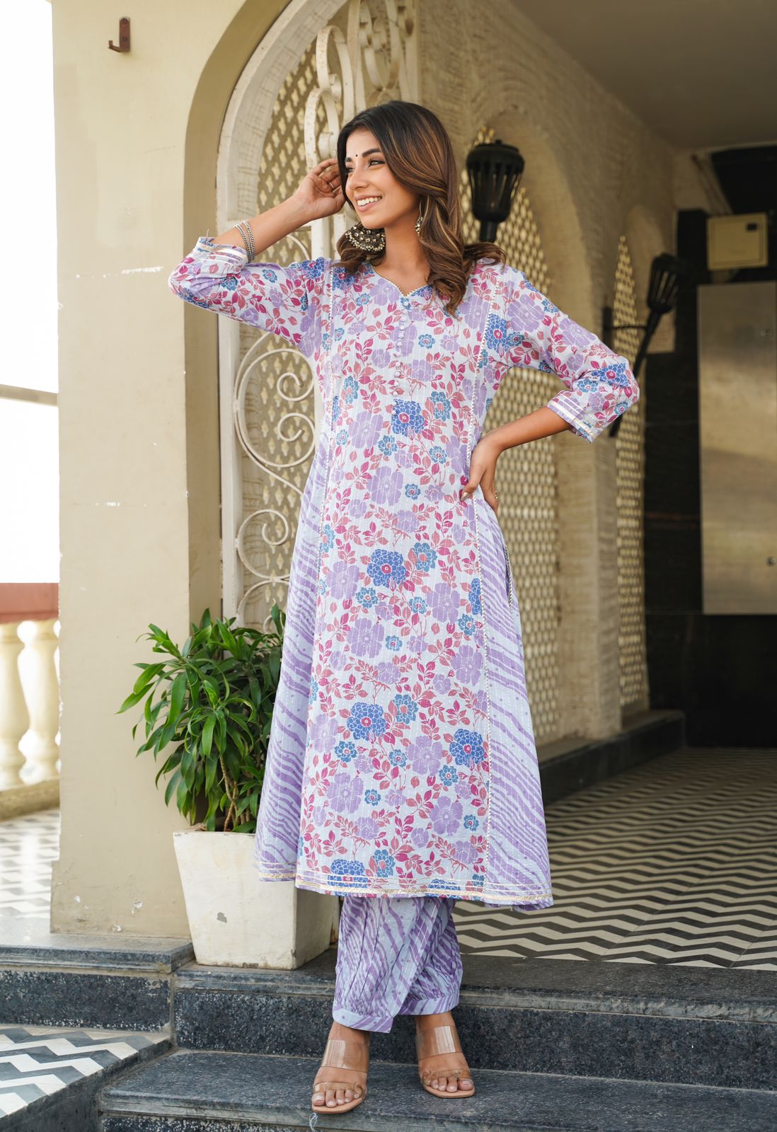 Radha Floral and Lehriya Print Lavender Afghani Suit Set