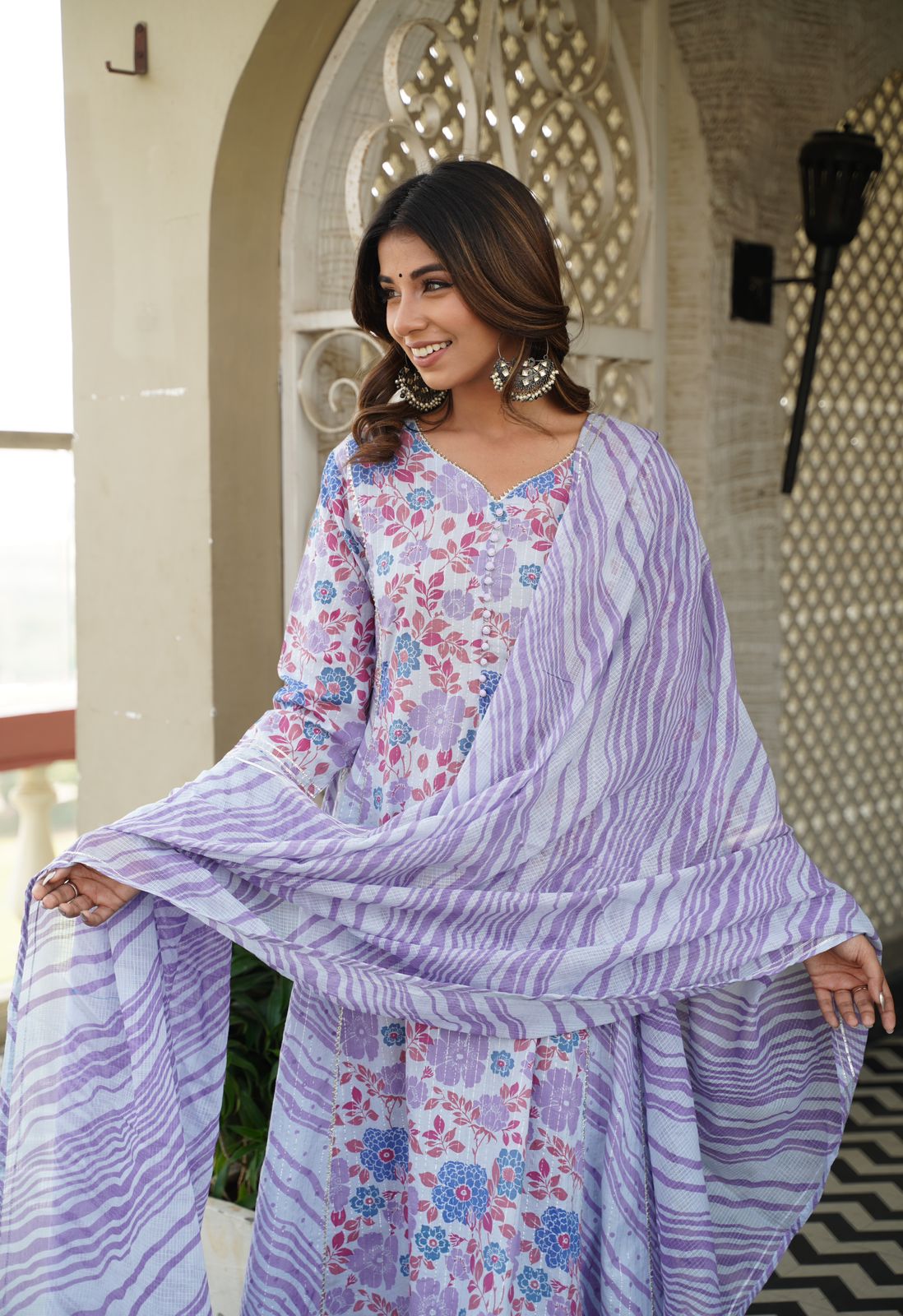 Radha Floral and Lehriya Print Lavender Afghani Suit Set