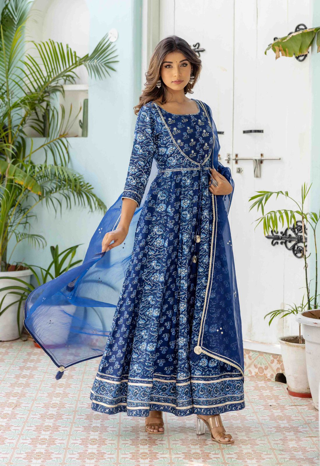 Radha Blue Anarkali Gown With Dupatta 2 Piece Suit Set