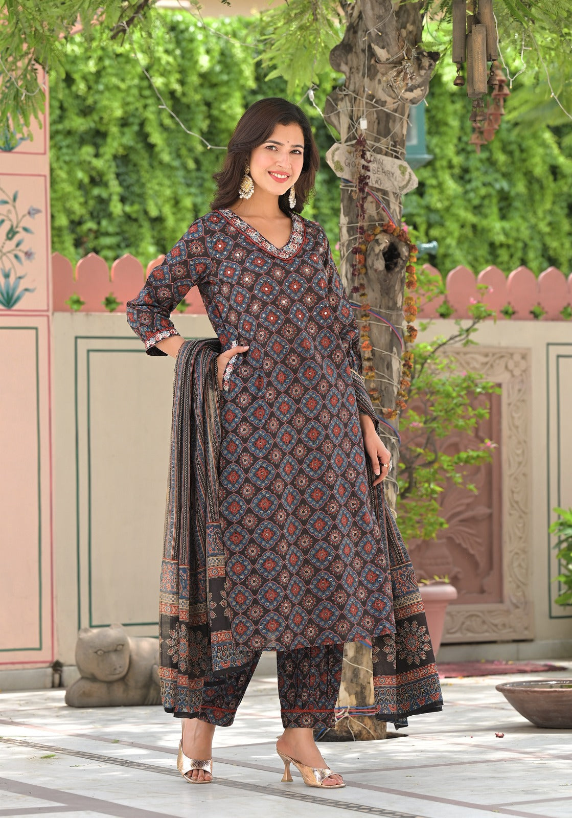 Vihaa Ajrakh Printed Black Afghani Suit Set